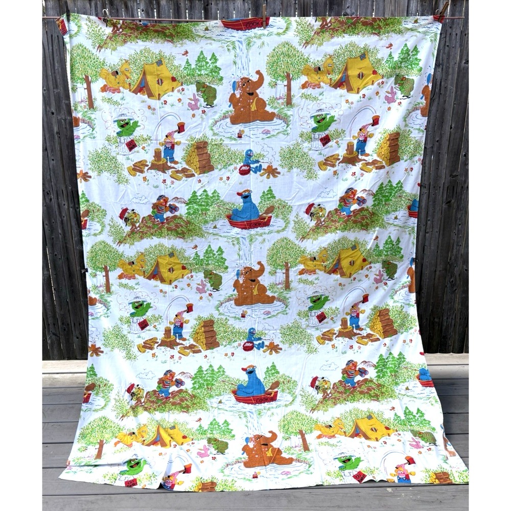 Vintage twin flat sheet Marlborough Sesame Street characters camping out EVC